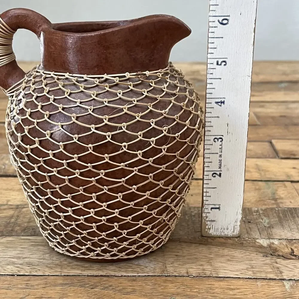 Terracotta Earthenware Pitcher Hand-looped Rattan Netting 6.25” Tall